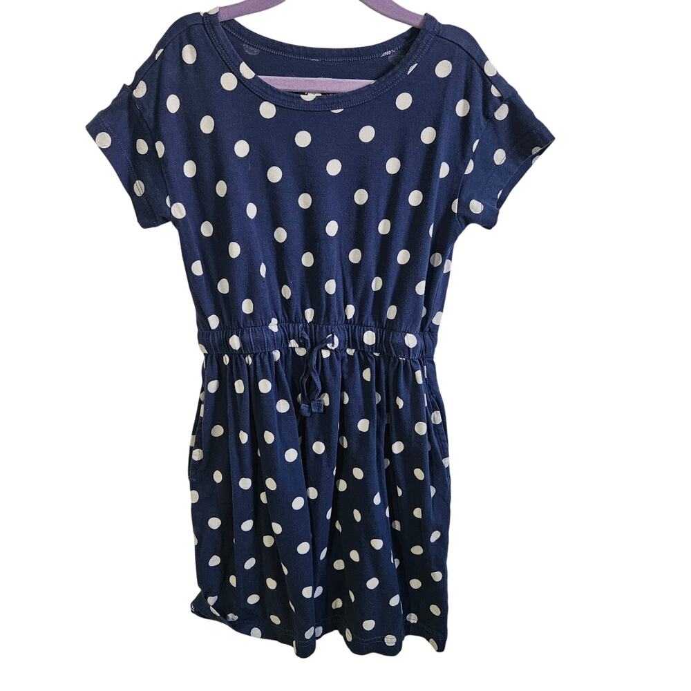 Primary Girls Size 6-7 Short Sleeve Cinch Dress Navy White Polka Dot Coastl Prep